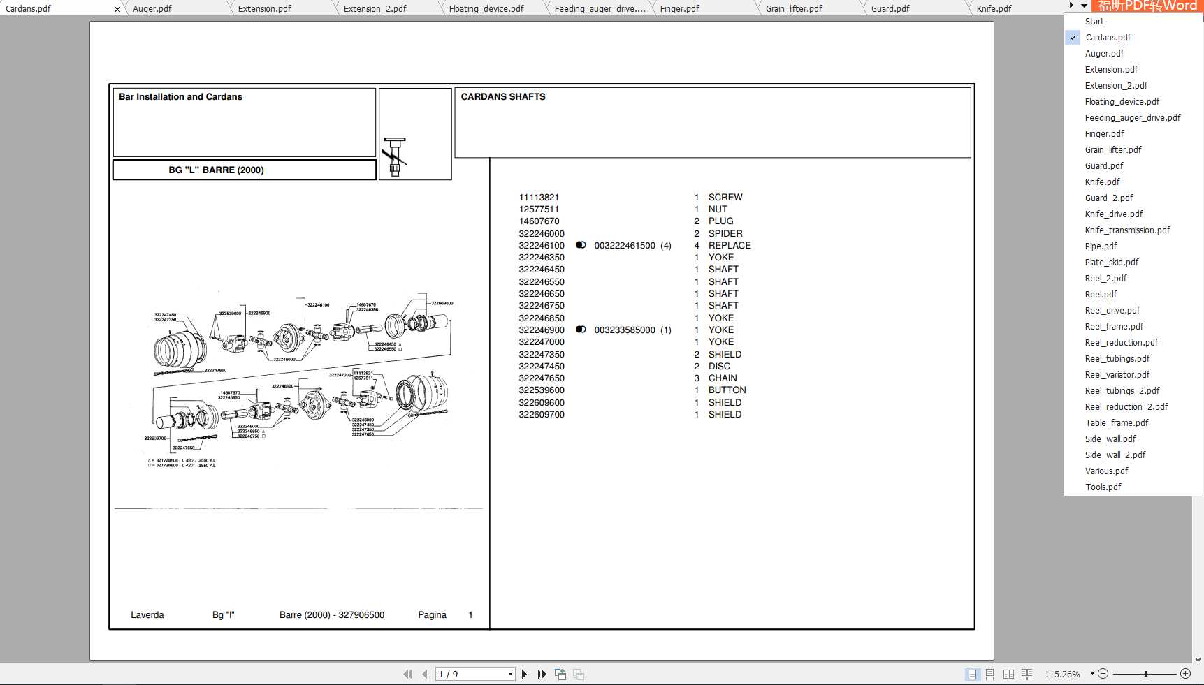 Laverda Header Barre 2000 Parts Catalog 1
