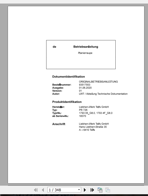 Liebherr Bull Dozer PR726 18370 Operating Manual