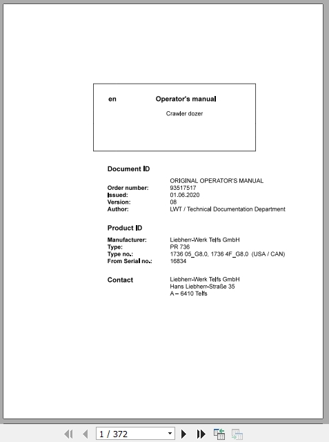 Liebherr Crawler Dozer PR736 US 16834 Operating Manual 1