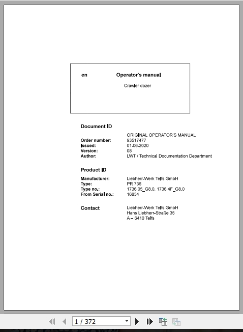 Liebherr Crawler Dozer PR736 16834 Operating Manual