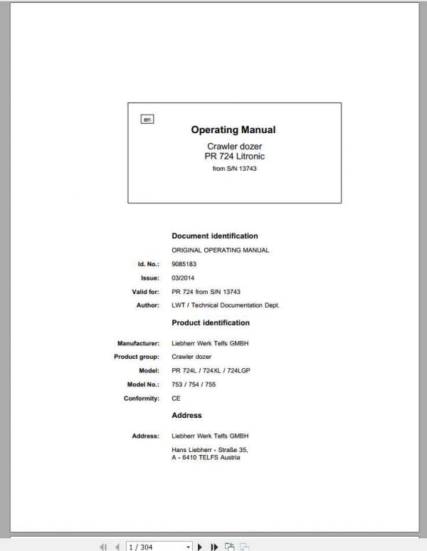 Liebherr Crawler Dozer Series 4 PR724 LI 753 754 75513743 2014 Operators Manual 1 1