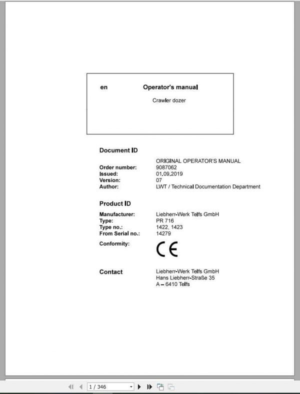 Liebherr Crawler Dozer Series 6 PR7161422142314279 Operators Manual