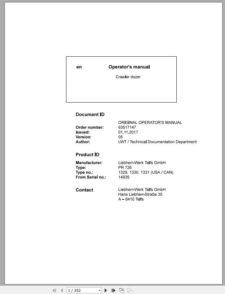 Liebherr Crawler Dozer Series 6 PR72613291330133114935US Operators Manual