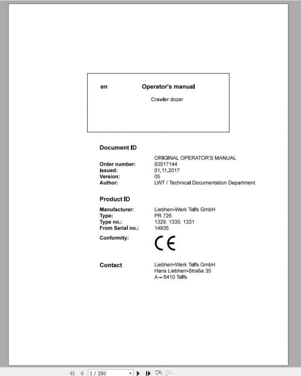 Liebherr Crawler Dozer Series 6 PR72613291330133114935 Operators Manual