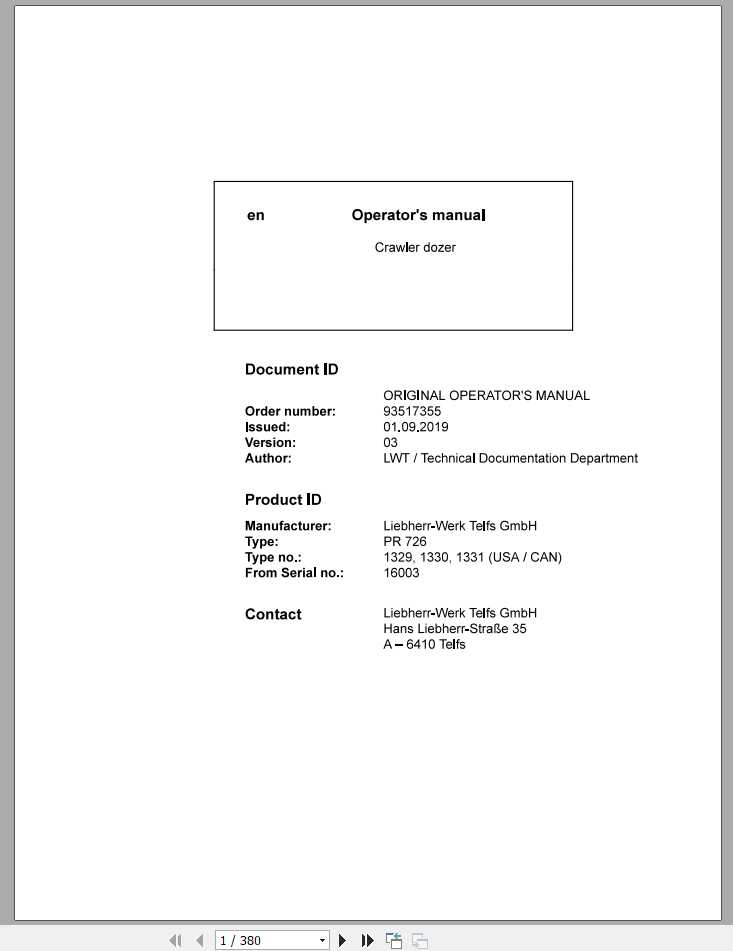 Liebherr Crawler Dozer Series 6 PR72613291330133116003US Operators Manual