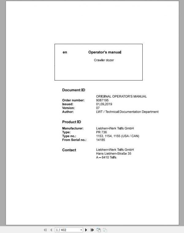 Liebherr Crawler Dozer Series 6 PR73611531154115514185US Operators Manual