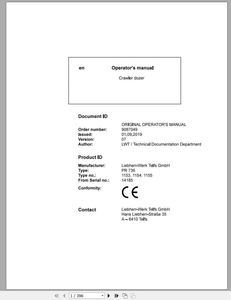 Liebherr Crawler Dozer Series 6 PR73611531154115514185 Operators Manual