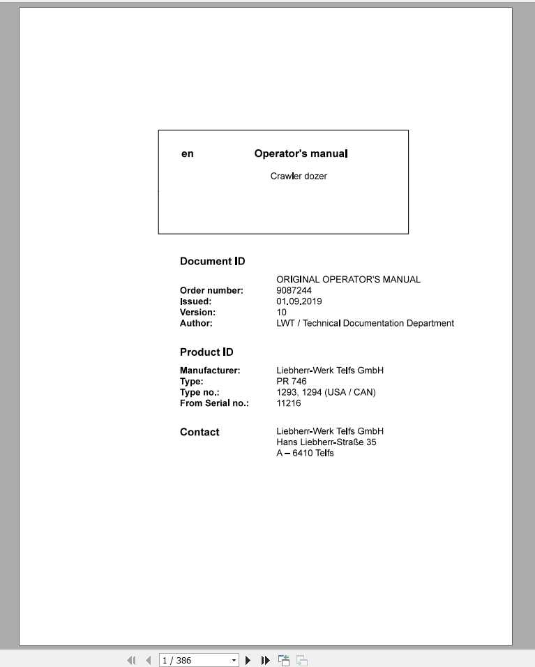 Liebherr Crawler Dozer Series 6 PR7461293129411216US Operators Manual