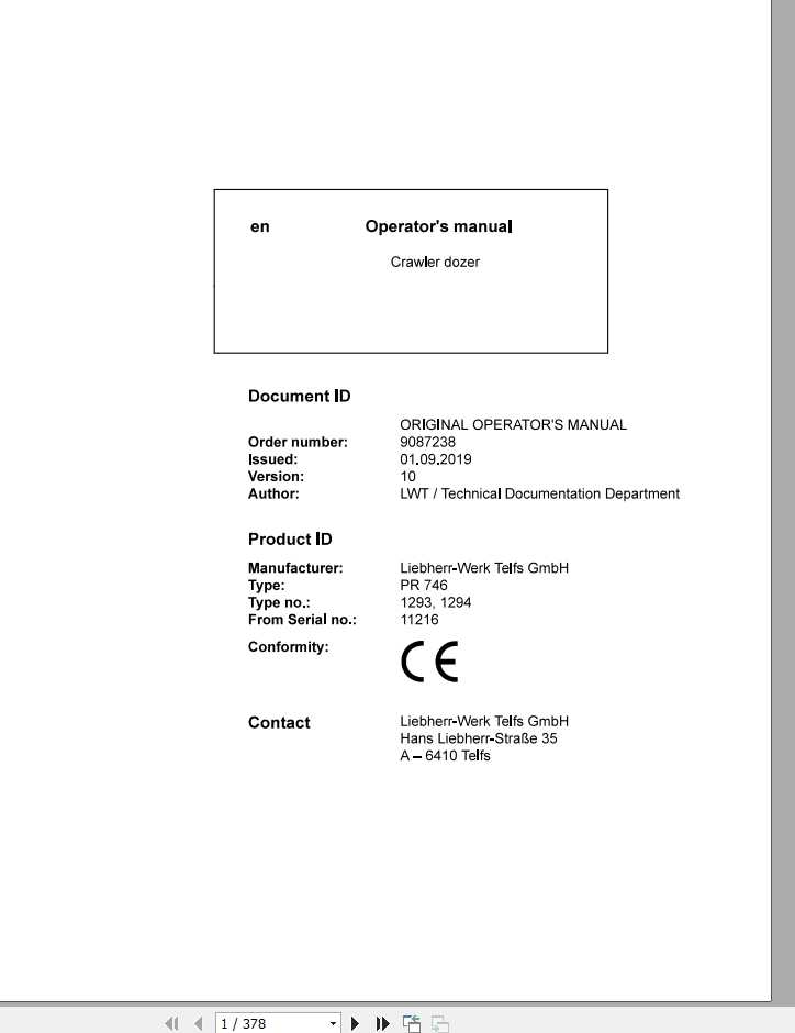 Liebherr Crawler Dozer Series 6 PR7461293129411216 Operators Manual