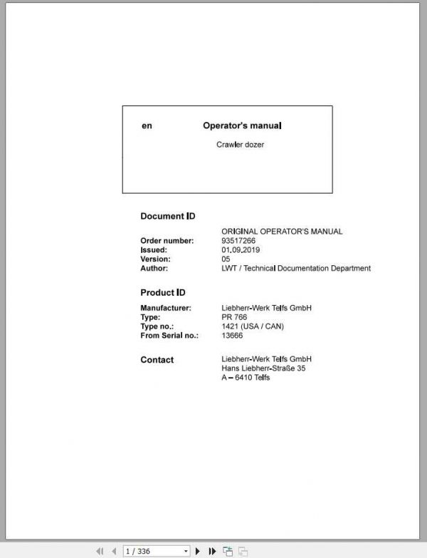 Liebherr Crawler Dozer Series 6 PR766142113666US Operators Manual