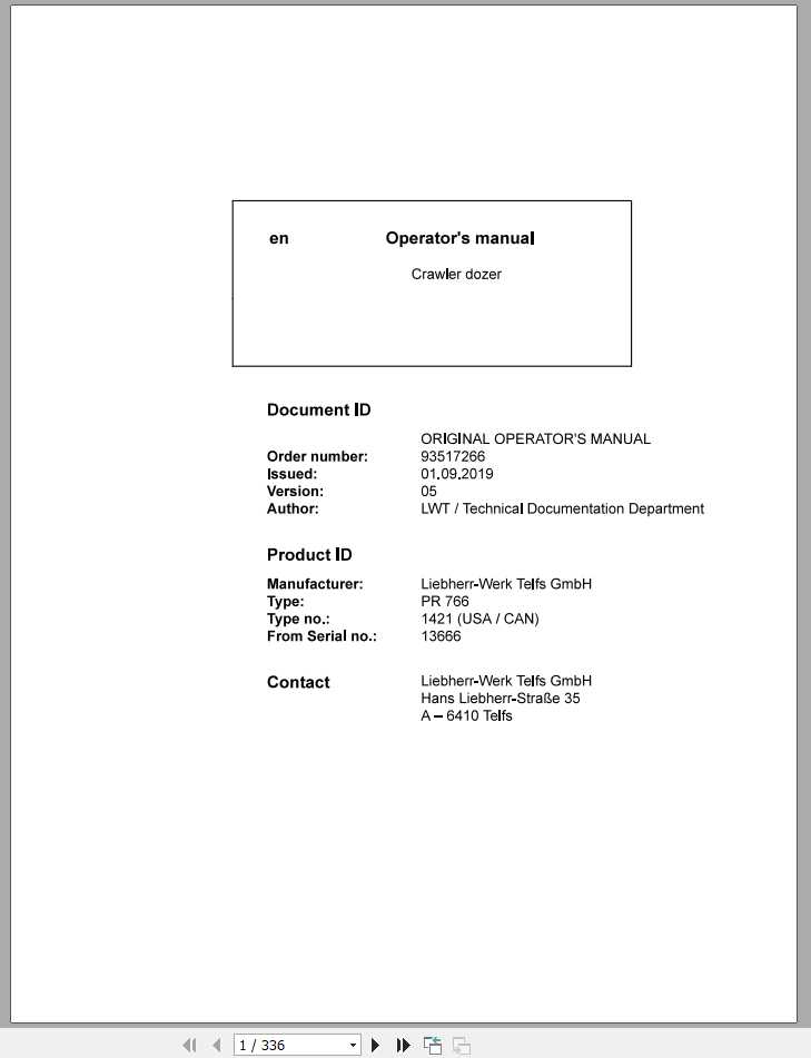 Liebherr Crawler Dozer Series 6 PR766142113666US Operators Manual