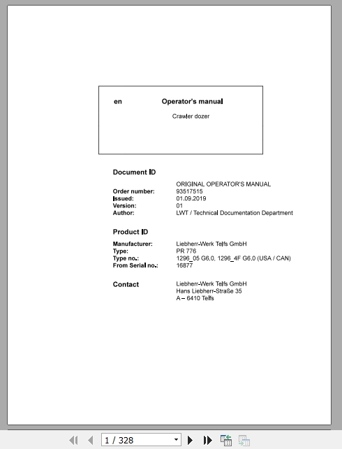 Liebherr Crawler Dozer Series 6 PR77612964F05US16877 Operators Manual