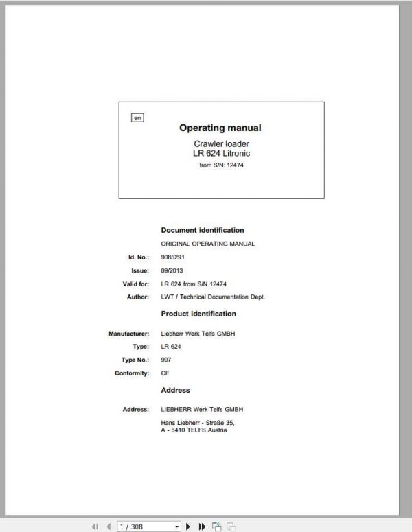 Liebherr Crawler Loader Series 4 LR624 LI 99712474 Operating Manual 1