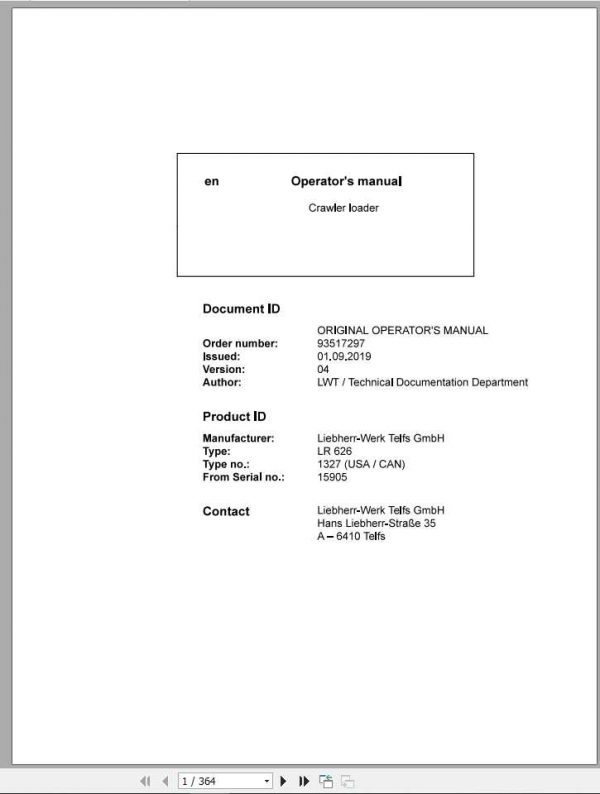 Liebherr Crawler Loader Series 6 LR626 Operators Manual