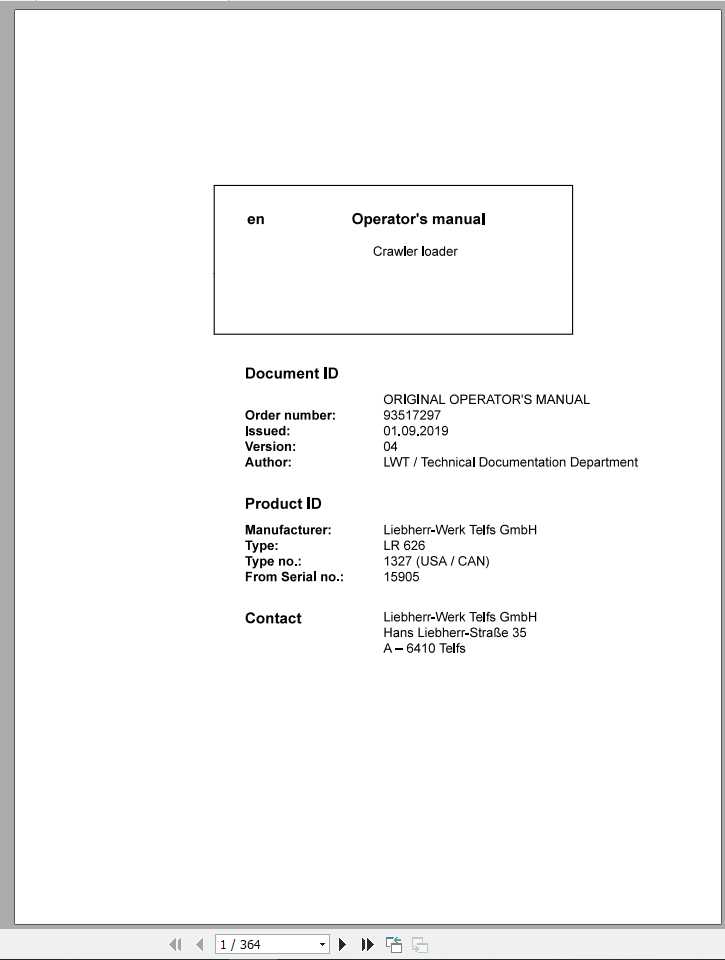 Liebherr Crawler Loader Series 6 LR626 Operators Manual