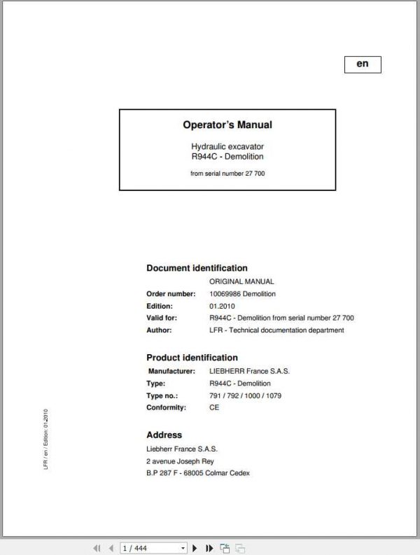 Liebherr Hydraulic Excavator R944C Demolition SN 27700 Operators Manual 1