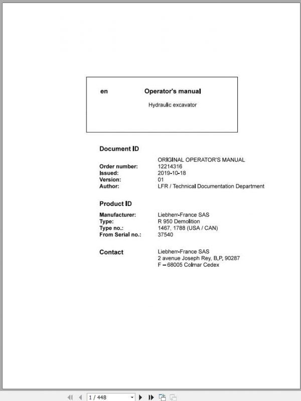 Liebherr Hydraulic Excavator R950USA Demolition SN 37540 Operators Manual 1