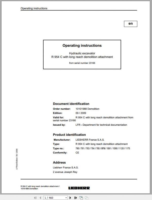 Liebherr Hydraulic Excavator R954C Demolition SN 23166 Operators Manual 1