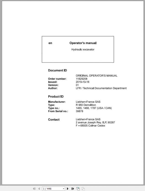Liebherr Hydraulic Excavator R960USA Demolition SN 39878 Operators Manual 1