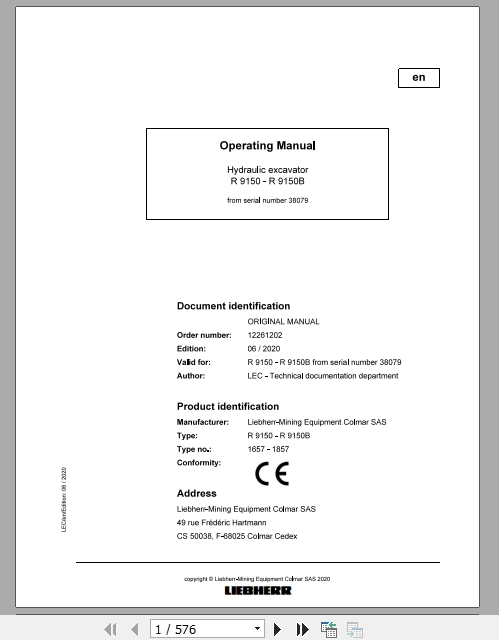 Liebherr Mining Hydraulic Excavator R9150 R150B 38079 Operating Manual