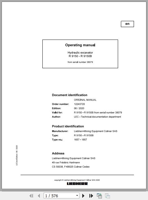 Liebherr Mining Hydraulic Excavator R9150 R9150B US Operating Manual