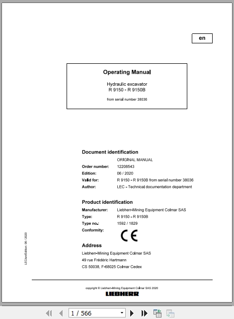 Liebherr Mining Hydraulic Excavator R9150 R9150B 1592 1829 Operating ManualinJt
