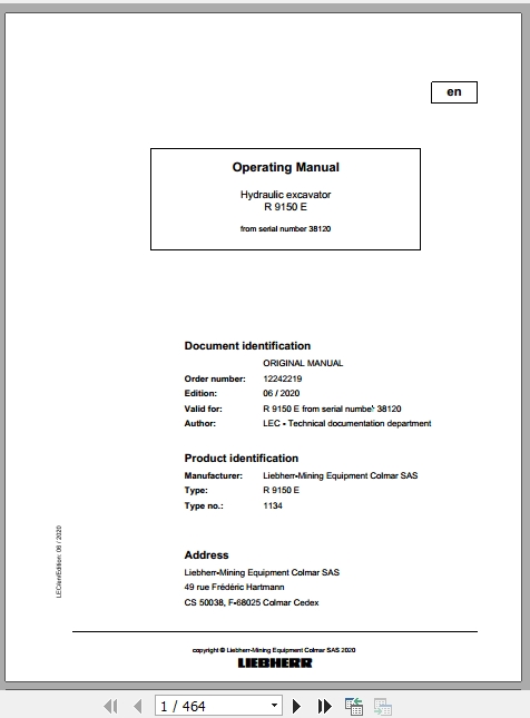 Liebherr Mining Hydraulic Excavator R9150E US 38120 Operating Manual