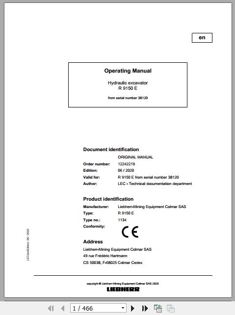 Liebherr Mining Hydraulic Excavator R9150E 38120 Operating Manual
