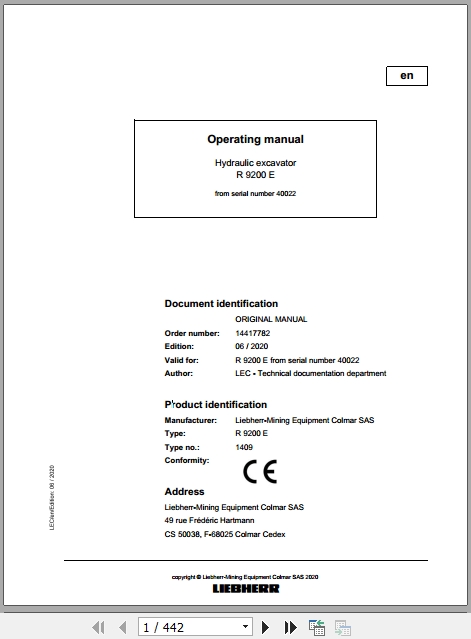 Liebherr Mining Hydraulic Excavator R9200E 40022 Operating Manual