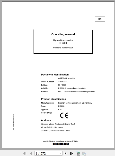 Liebherr Mining Hydraulic Excavator R9200 40001 Operating Manual