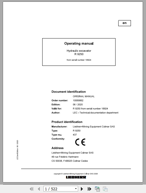 Liebherr Mining Hydraulic Excavator R9250 18924 Operating Manual