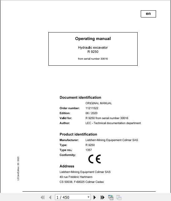 Liebherr Mining Hydraulic Excavator R9250 30616 Operating Manual