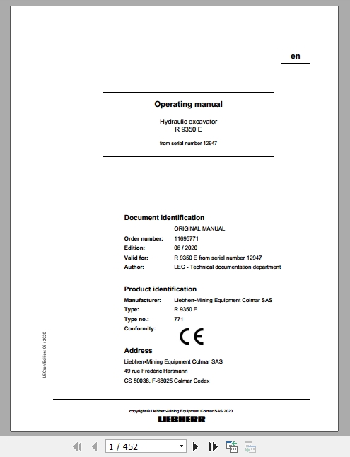 Liebherr Mining Hydraulic Excavator R9350E 12947 Operating Manual
