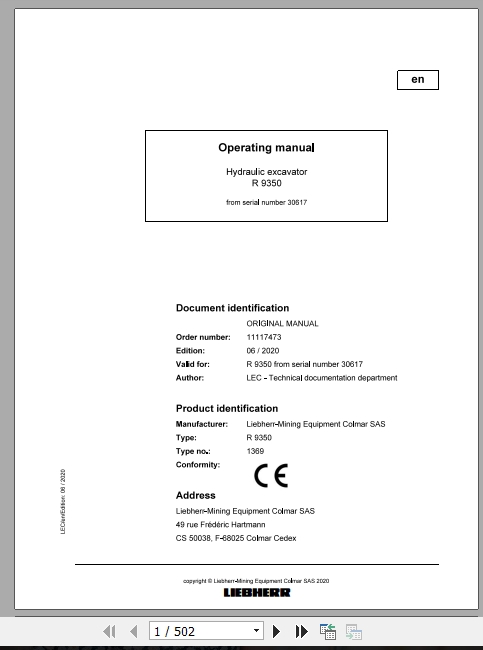 Liebherr Mining Hydraulic Excavator R9350 30617 Operating Manual