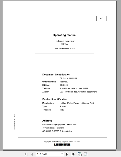 Liebherr Mining Hydraulic Excavator R9400 US 31279 Operating Manual