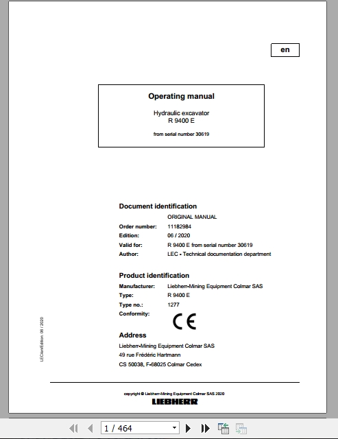Liebherr Mining Hydraulic Excavator R9400E 30619 Operating Manual