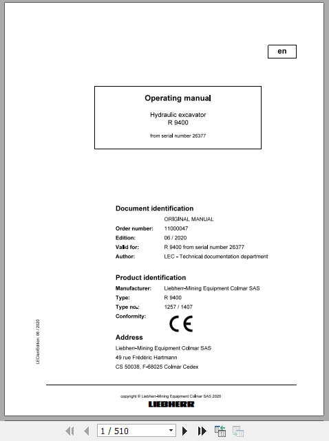 Liebherr Mining Hydraulic Excavator R9400 26377 Operating Manual