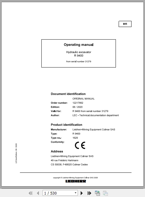 Liebherr Mining Hydraulic Excavator R9400 31279 Operating Manual