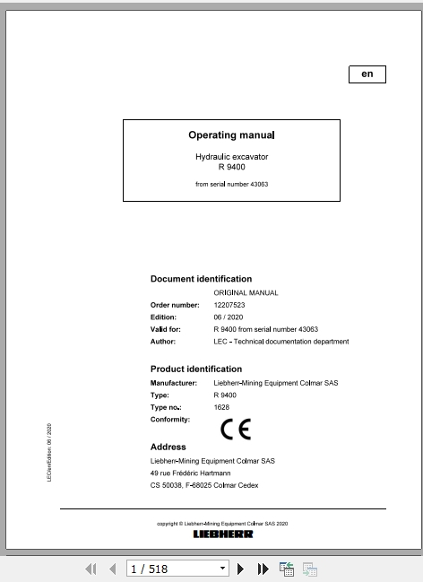 Liebherr Mining Hydraulic Excavator R9400 43063 Operating Manual
