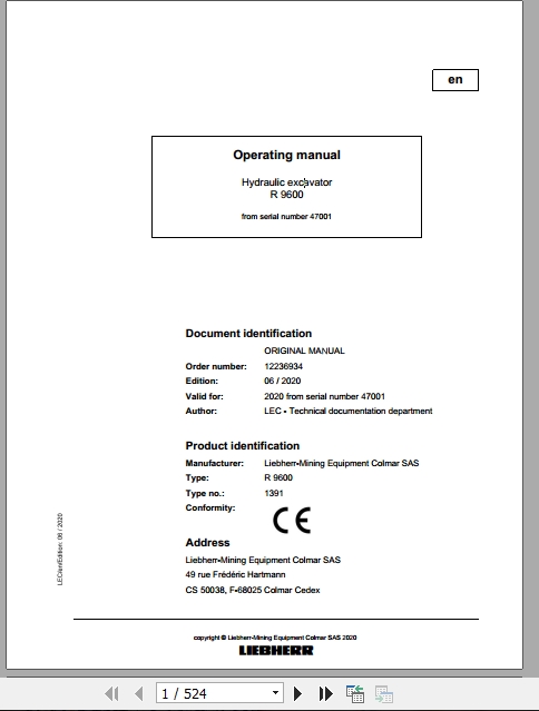 Liebherr Mining Hydraulic Excavator R9600 47001 Operating Manual