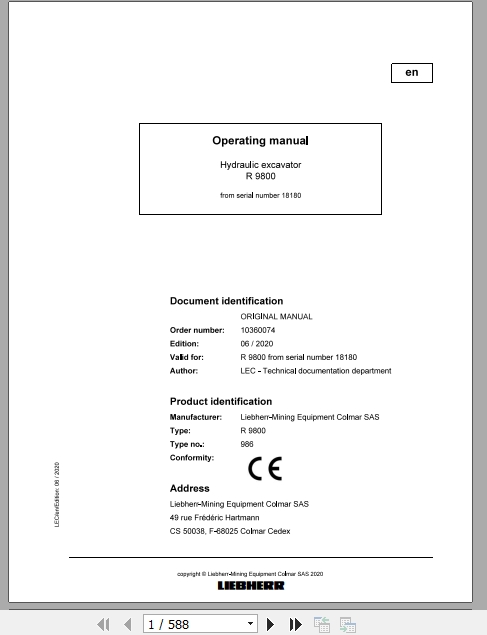 Liebherr Mining Hydraulic Excavator R9800 18180 Operating Manual