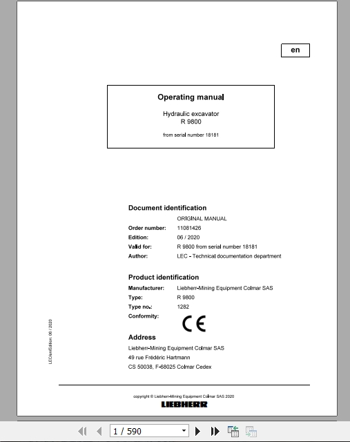 Liebherr Mining Hydraulic Excavator R9800 18181 Operating Manual