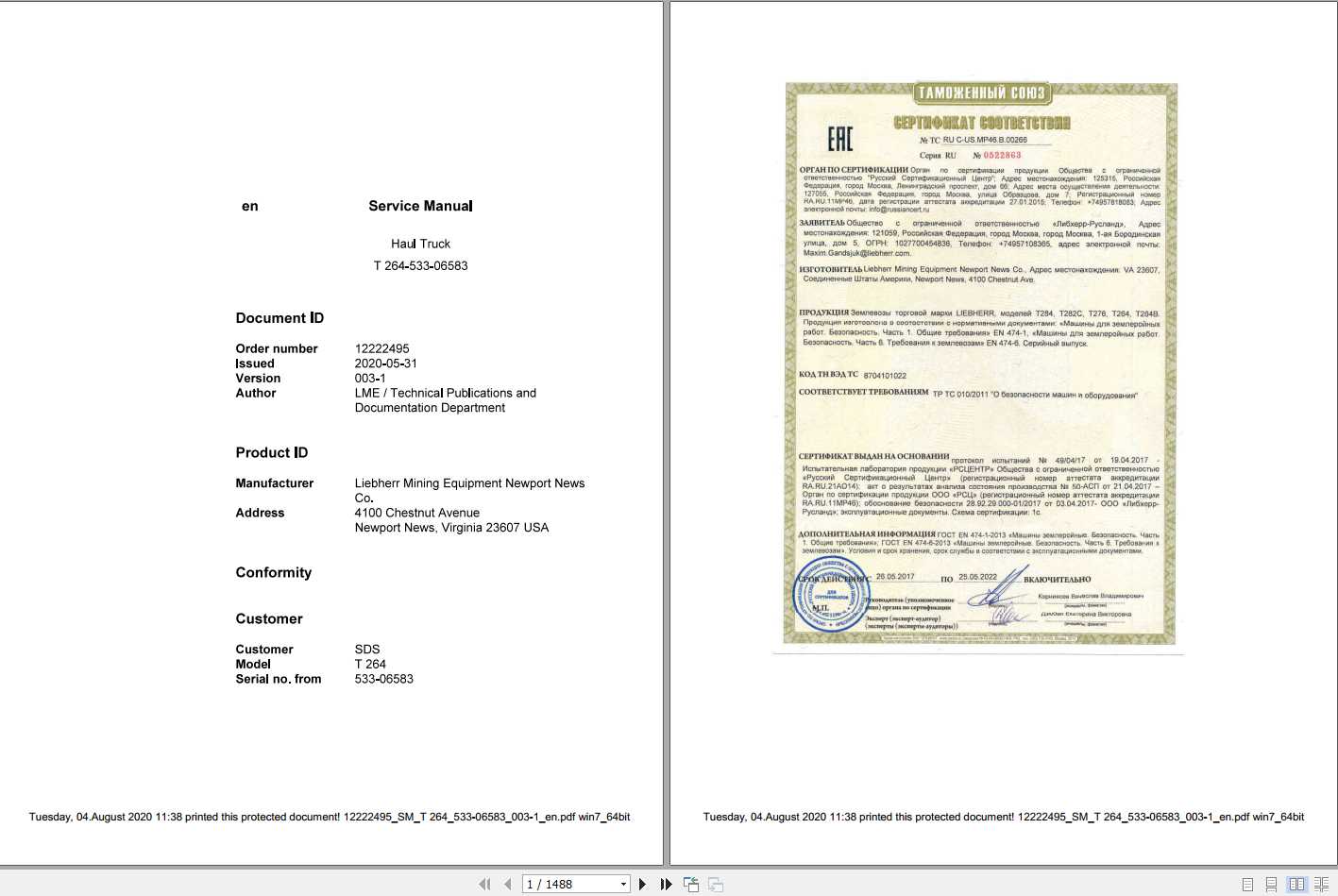 Liebherr Mining Truck T264 533 06580 06582 4280 Service Manual 1 1