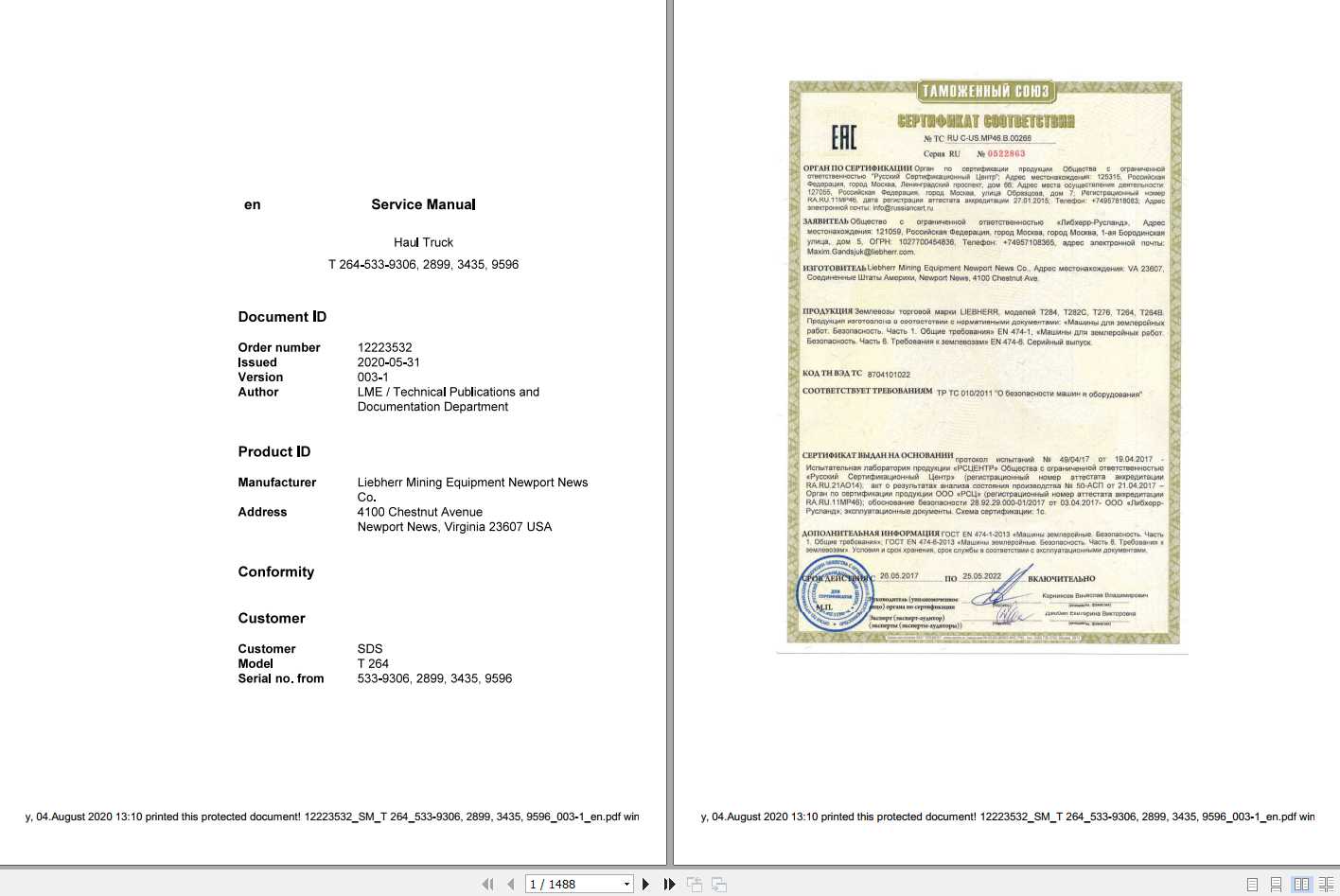 Liebherr Mining Truck T264 533 9306289934359596 Service Manual 1