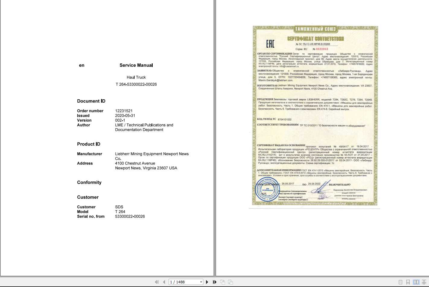 Liebherr Mining Truck T264 53300022 00026 Service Manual 1