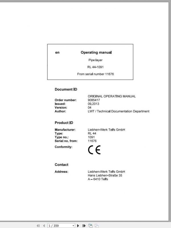 Liebherr Pipe Layer Series 4 RL44 1091 11676 Operators Manual
