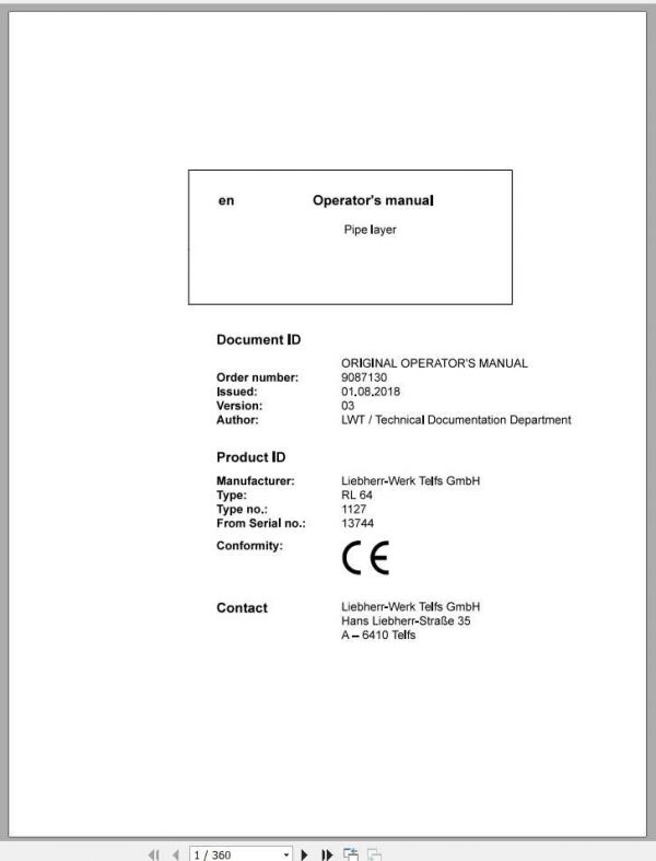 Liebherr Pipe Layer Series 4 RL64112713744 Operators Manual