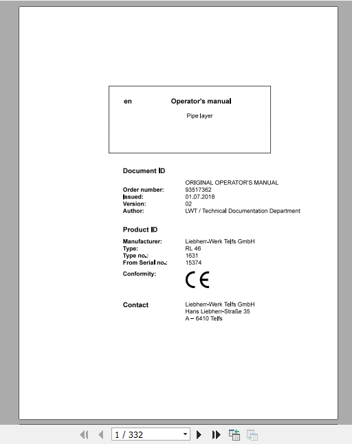 Liebherr Pipe Layer Series 6 RL46163115374 Operators Manual