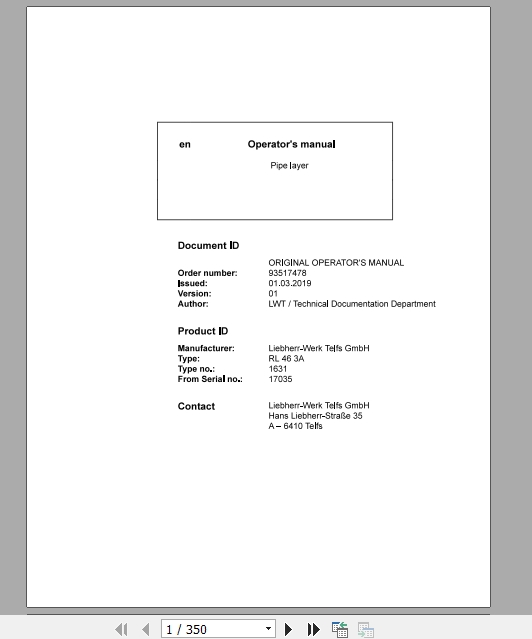 Liebherr Pipe Layer Series 6 RL4616313A17035 Operators Manual