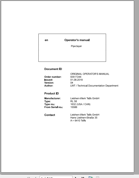 Liebherr Pipe Layer Series 6 RL56163215586US Operators Manual